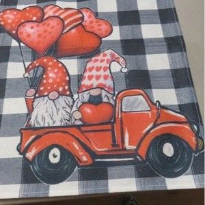 Gnomes in Red Truck Table Runner - Black & White Buffalo Plaid - new, no tags